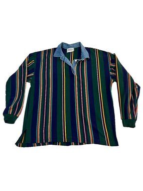 VTG 90's Jazz Sport Long Sleeve Stripped Womens Polo Sz L Green Blue Preppy